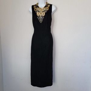 Vintage Hollywood Nites Black Velvet Sleeveless Gold Sequin USA Sz 14